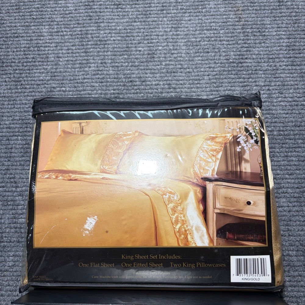 Victoria Classics Gold Satin Embroidery Sheet Set King 4 Piece Luxury Bedding
